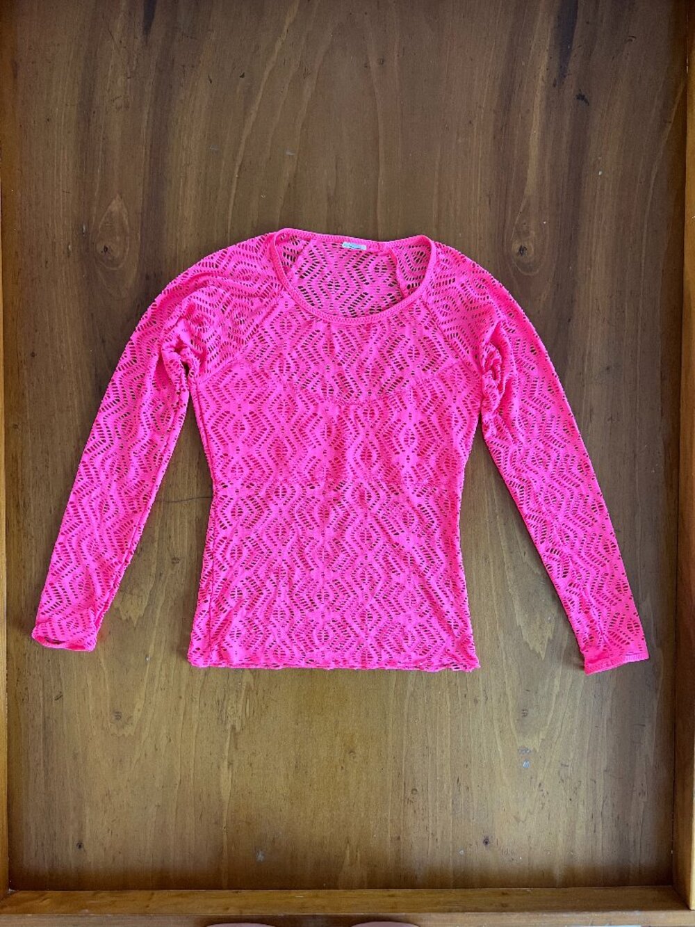 Neon Pink Crochet Mesh Long Sleeve Activewear Cover Up Top